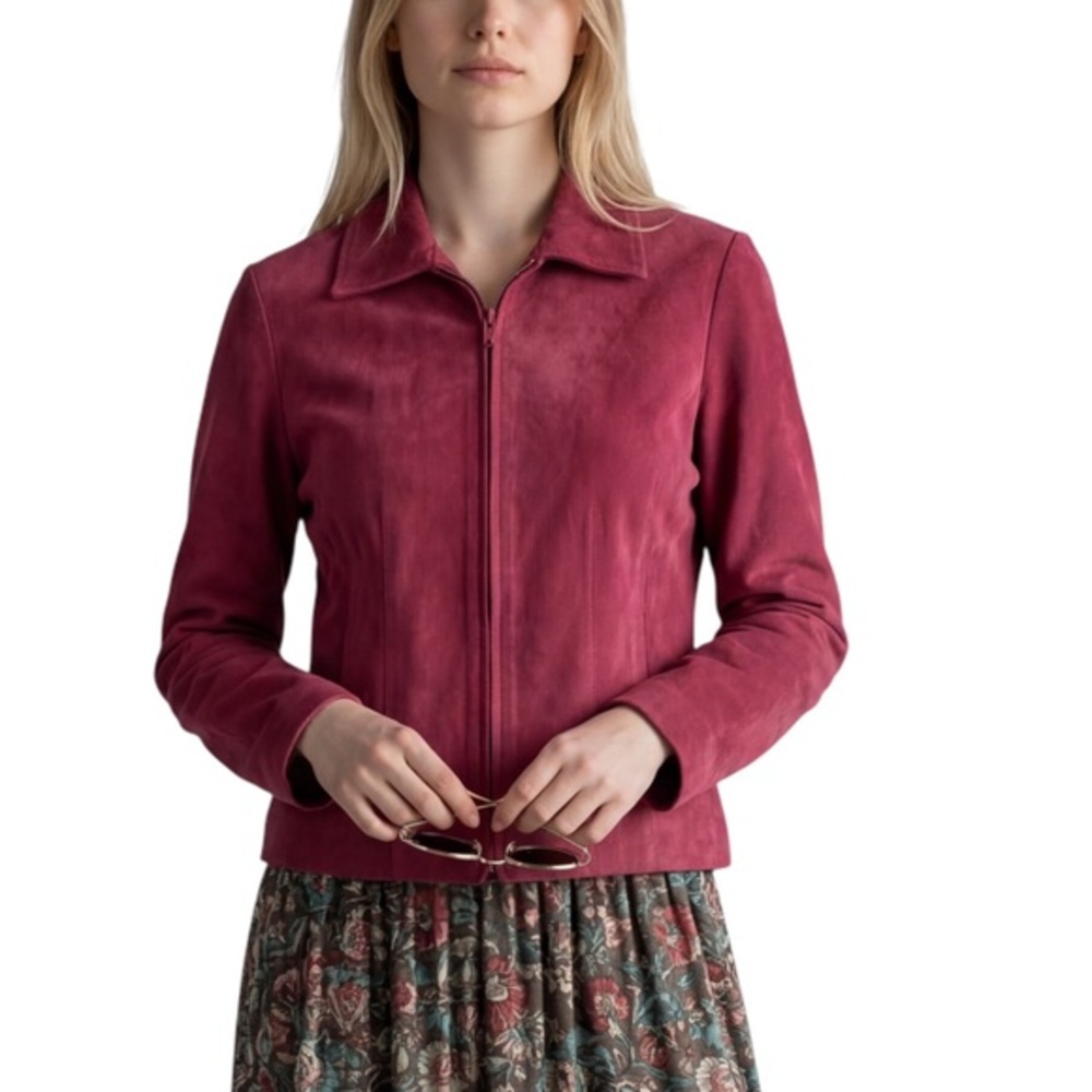 4/$20 Vintage RÉVUE 100% Leather Zip Front Jacket Red Cropped Moto Style Size 8